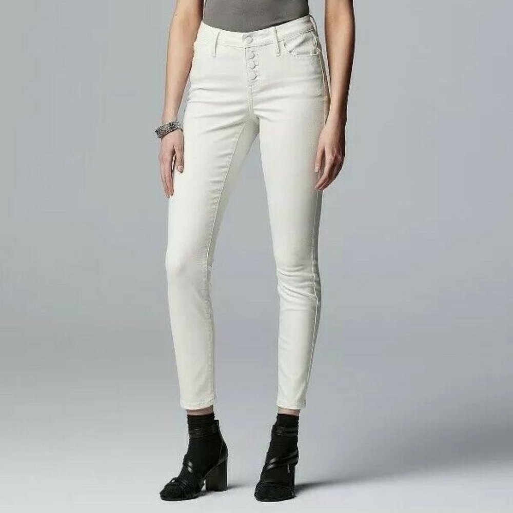 Simply Vera Wang Button Fly Skinny Mid-rise White Denim Jeans Size 14